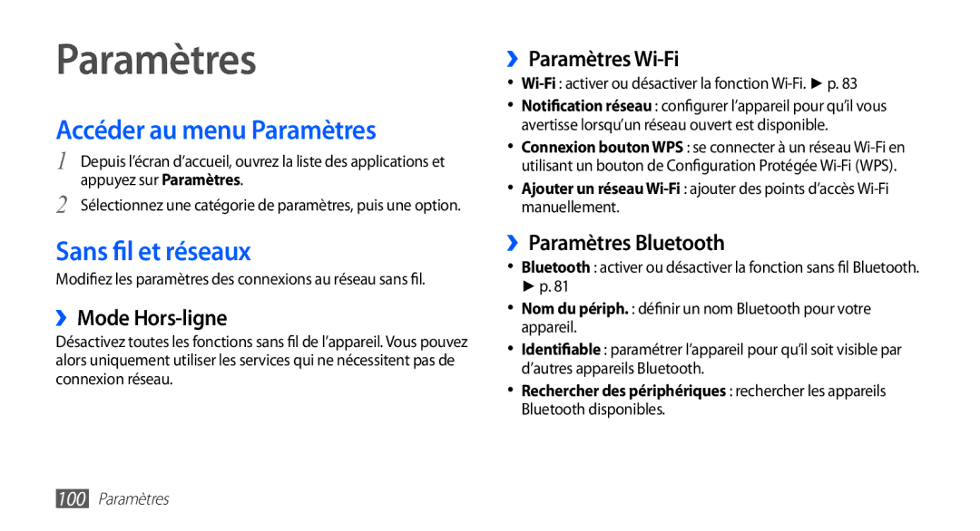 Samsung YP-G1CW/XEF, YP-G1EW/XEF manual Accéder au menu Paramètres, Sans fil et réseaux 