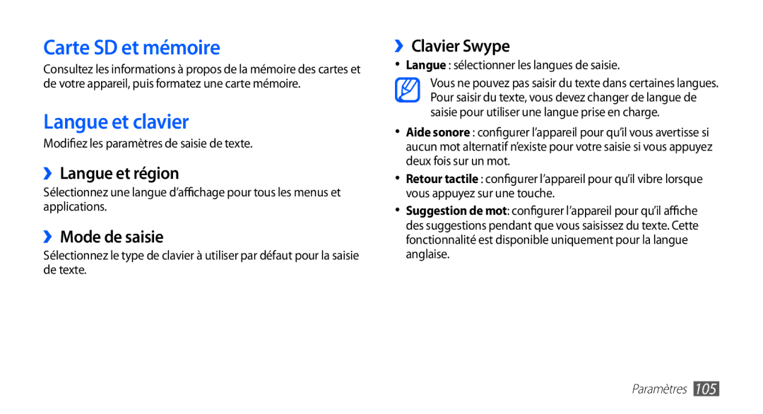 Samsung YP-G1EW/XEF manual Carte SD et mémoire, Langue et clavier, ››Langue et région, ››Mode de saisie, ››Clavier Swype 