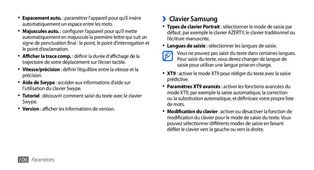 Samsung YP-G1CW/XEF, YP-G1EW/XEF manual ››Clavier Samsung, Langues de saisie sélectionner les langues de saisie 