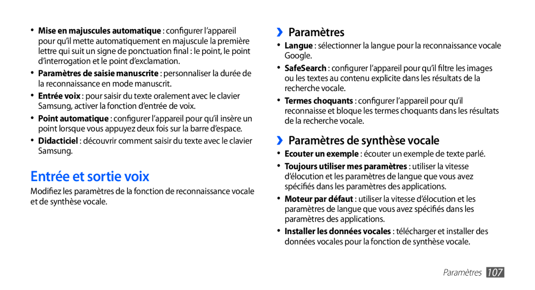 Samsung YP-G1EW/XEF, YP-G1CW/XEF manual Entrée et sortie voix, ››Paramètres de synthèse vocale 