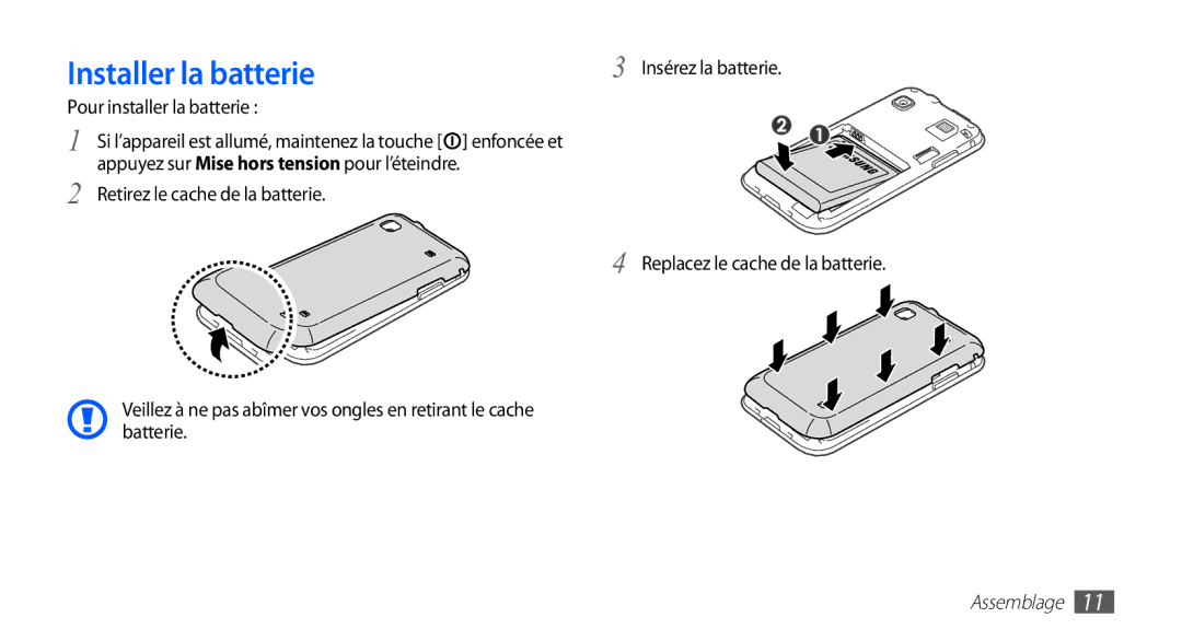 Samsung YP-G1EW/XEF, YP-G1CW/XEF manual Installer la batterie, Pour installer la batterie 