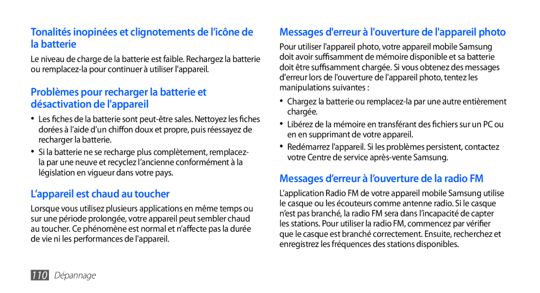 Samsung YP-G1CW/XEF, YP-G1EW/XEF manual ’appareil est chaud au toucher, 110 Dépannage 