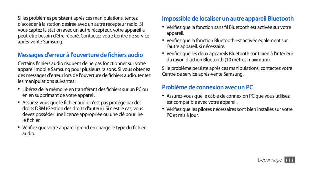 Samsung YP-G1EW/XEF, YP-G1CW/XEF manual Problème de connexion avec un PC 