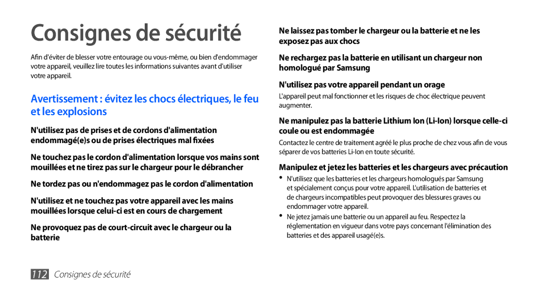 Samsung YP-G1CW/XEF, YP-G1EW/XEF manual Consignes de sécurité 