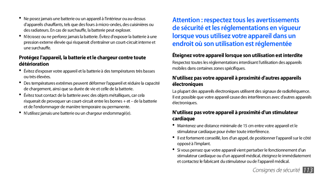 Samsung YP-G1EW/XEF, YP-G1CW/XEF manual Nutilisez jamais une batterie ou un chargeur endommagée 