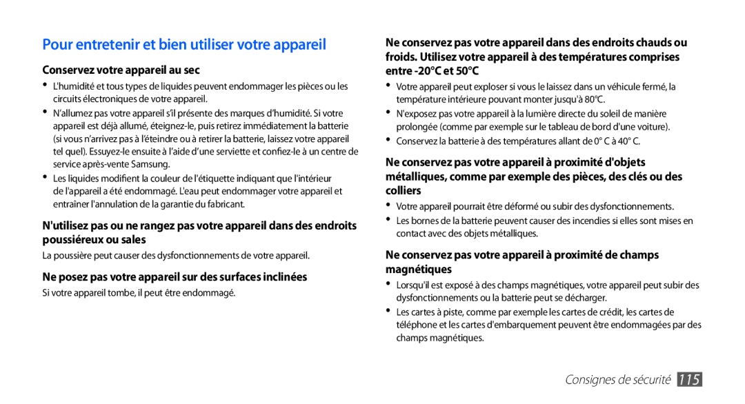 Samsung YP-G1EW/XEF, YP-G1CW/XEF manual Pour entretenir et bien utiliser votre appareil, Conservez votre appareil au sec 