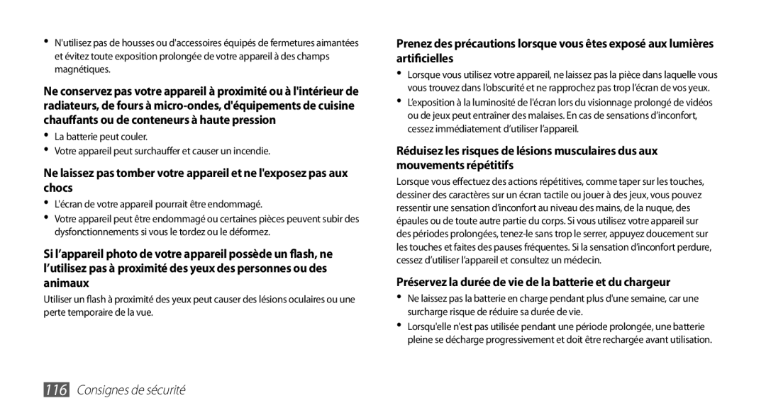 Samsung YP-G1CW/XEF, YP-G1EW/XEF manual Préservez la durée de vie de la batterie et du chargeur 