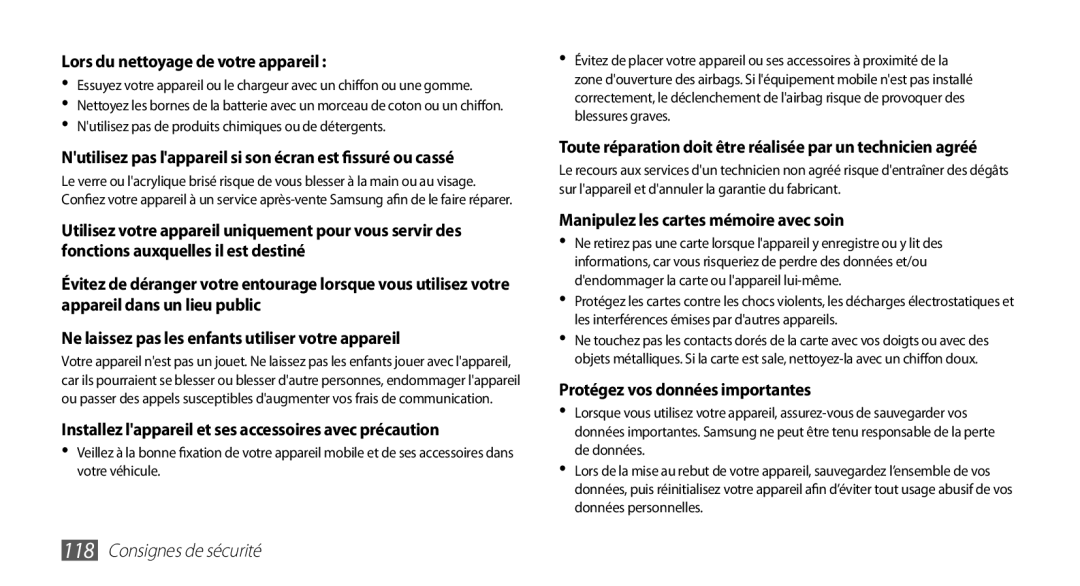 Samsung YP-G1CW/XEF manual Lors du nettoyage de votre appareil, Installez lappareil et ses accessoires avec précaution 