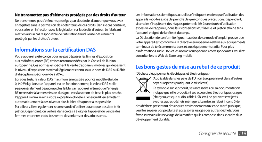 Samsung YP-G1EW/XEF, YP-G1CW/XEF manual Informations sur la certification DAS 