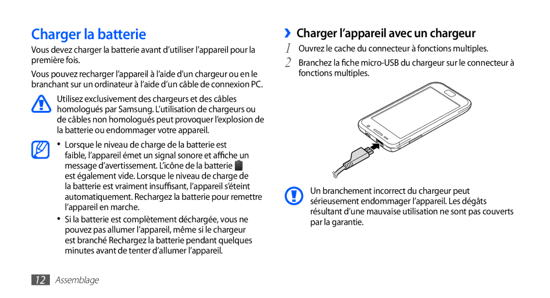 Samsung YP-G1CW/XEF, YP-G1EW/XEF manual Charger la batterie, ››Charger l’appareil avec un chargeur 