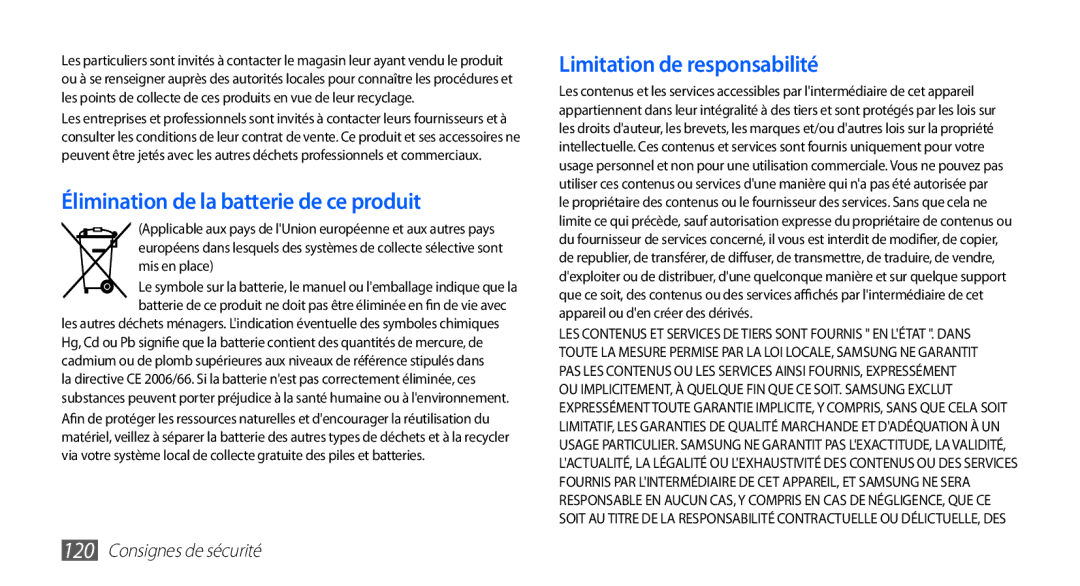 Samsung YP-G1CW/XEF, YP-G1EW/XEF manual Élimination de la batterie de ce produit 