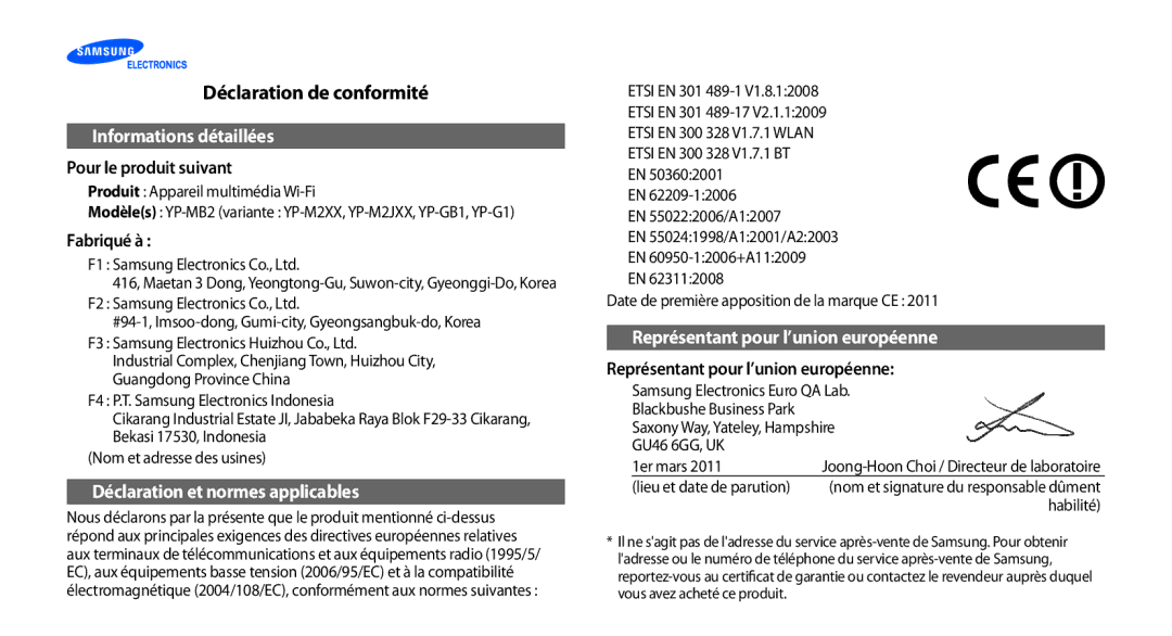 Samsung YP-G1CW/XEF, YP-G1EW/XEF manual Déclaration de conformité, Informations détaillées 