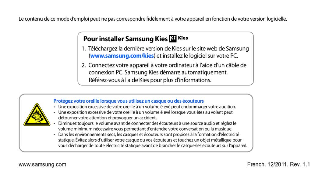 Samsung YP-G1EW/XEF, YP-G1CW/XEF manual Pour installer Samsung Kies 