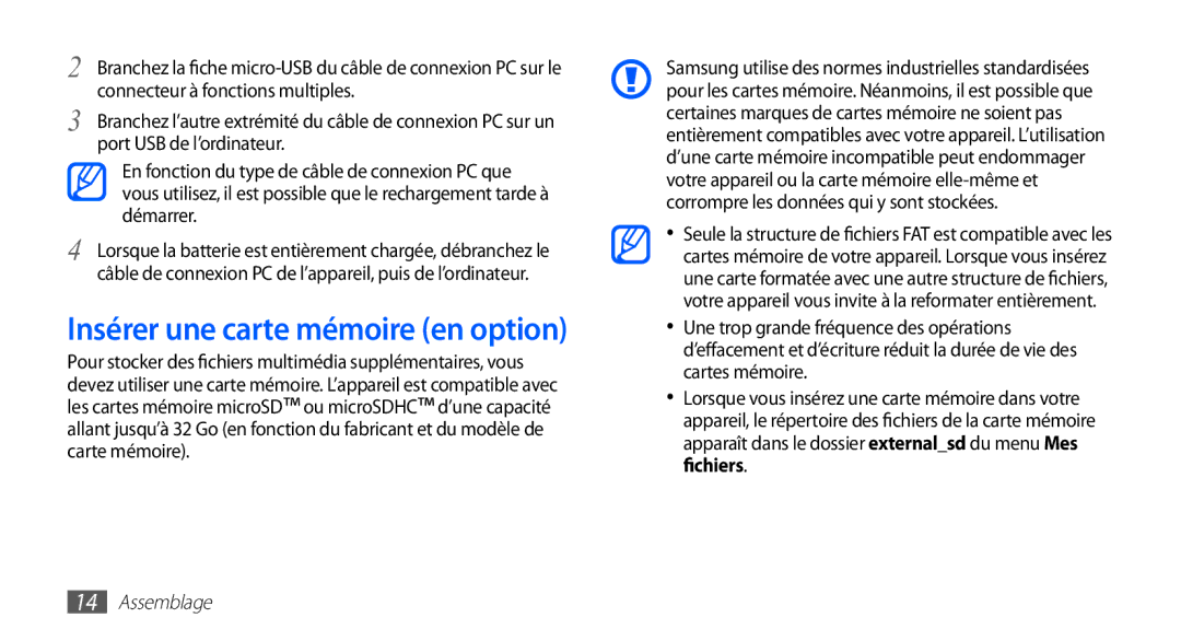 Samsung YP-G1CW/XEF, YP-G1EW/XEF manual Insérer une carte mémoire en option 