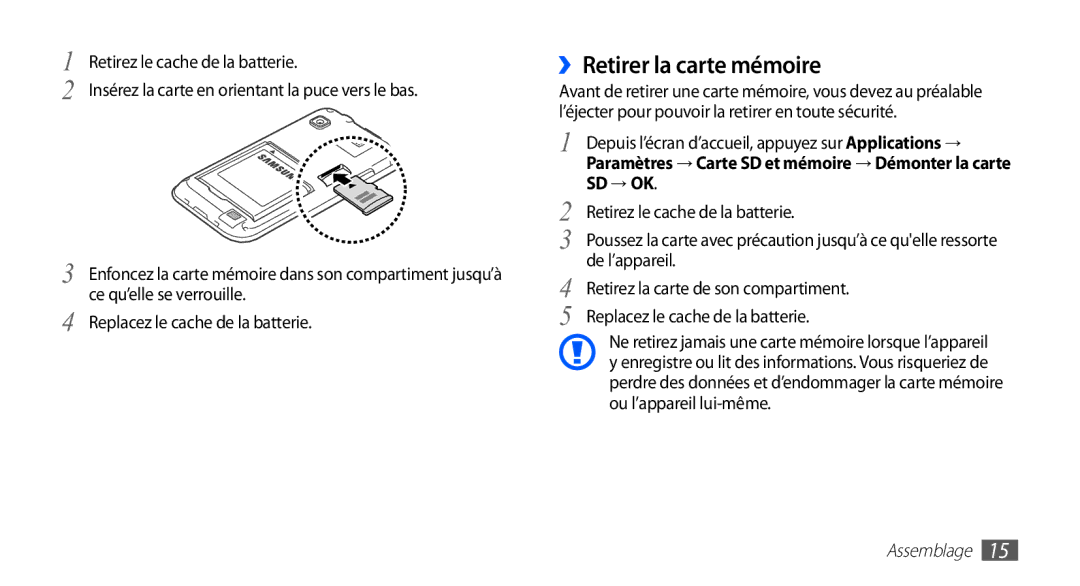 Samsung YP-G1EW/XEF, YP-G1CW/XEF manual ››Retirer la carte mémoire, Sd → Ok, Retirez le cache de la batterie, De l’appareil 