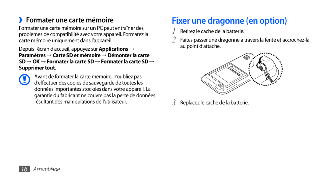 Samsung YP-G1CW/XEF, YP-G1EW/XEF manual Fixer une dragonne en option, ››Formater une carte mémoire 