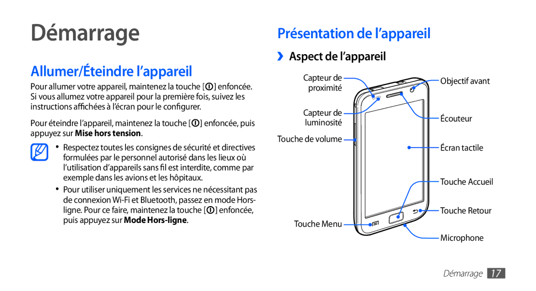 Samsung YP-G1EW/XEF, YP-G1CW/XEF manual Démarrage, Présentation de l’appareil Allumer/Éteindre l’appareil 