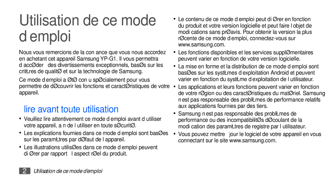 Samsung YP-G1CW/XEF, YP-G1EW/XEF manual Utilisation de ce mode d’emploi, Lire avant toute utilisation 