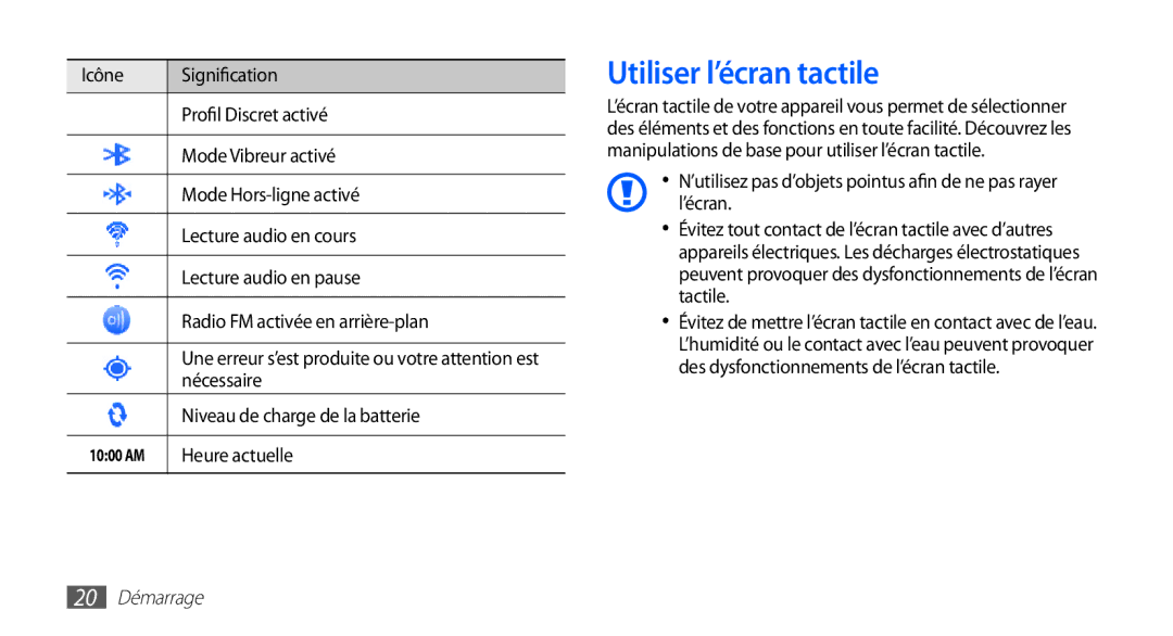 Samsung YP-G1CW/XEF Utiliser l’écran tactile, Nécessaire, Niveau de charge de la batterie, Heure actuelle, 20 Démarrage 