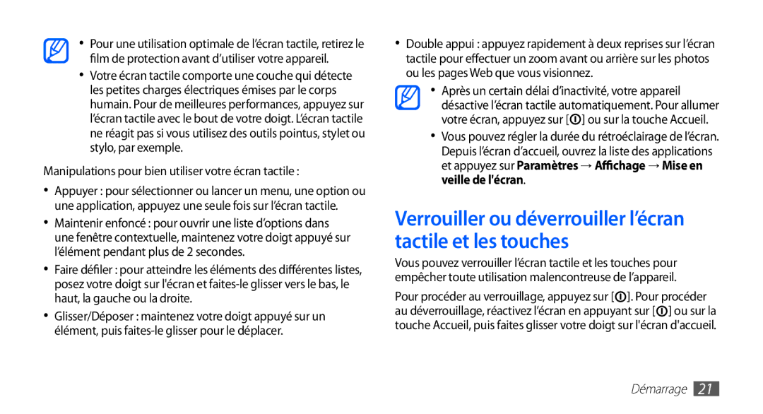 Samsung YP-G1EW/XEF, YP-G1CW/XEF manual Verrouiller ou déverrouiller l’écran tactile et les touches 