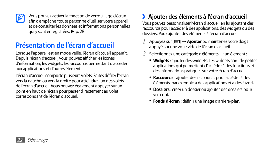 Samsung YP-G1CW/XEF manual Présentation de l’écran d’accueil, ››Ajouter des éléments à l’écran d’accueil, 22 Démarrage 