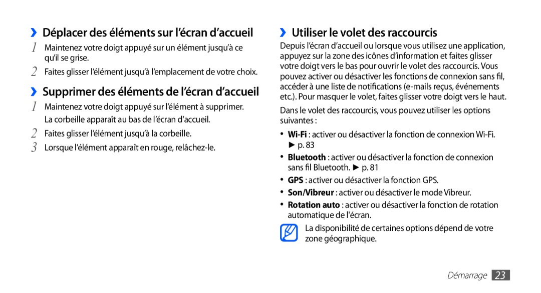 Samsung YP-G1EW/XEF, YP-G1CW/XEF manual ››Utiliser le volet des raccourcis, Faites glisser l’élément jusqu’à la corbeille 