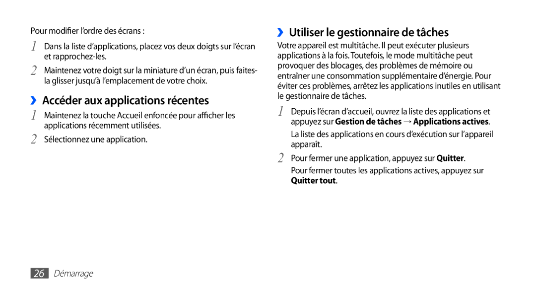 Samsung YP-G1CW/XEF, YP-G1EW/XEF ››Accéder aux applications récentes, ››Utiliser le gestionnaire de tâches, 26 Démarrage 