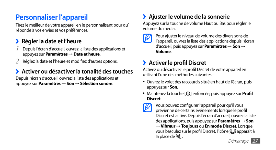 Samsung YP-G1EW/XEF, YP-G1CW/XEF Personnaliser l’appareil, ››Régler la date et l’heure, ››Ajuster le volume de la sonnerie 