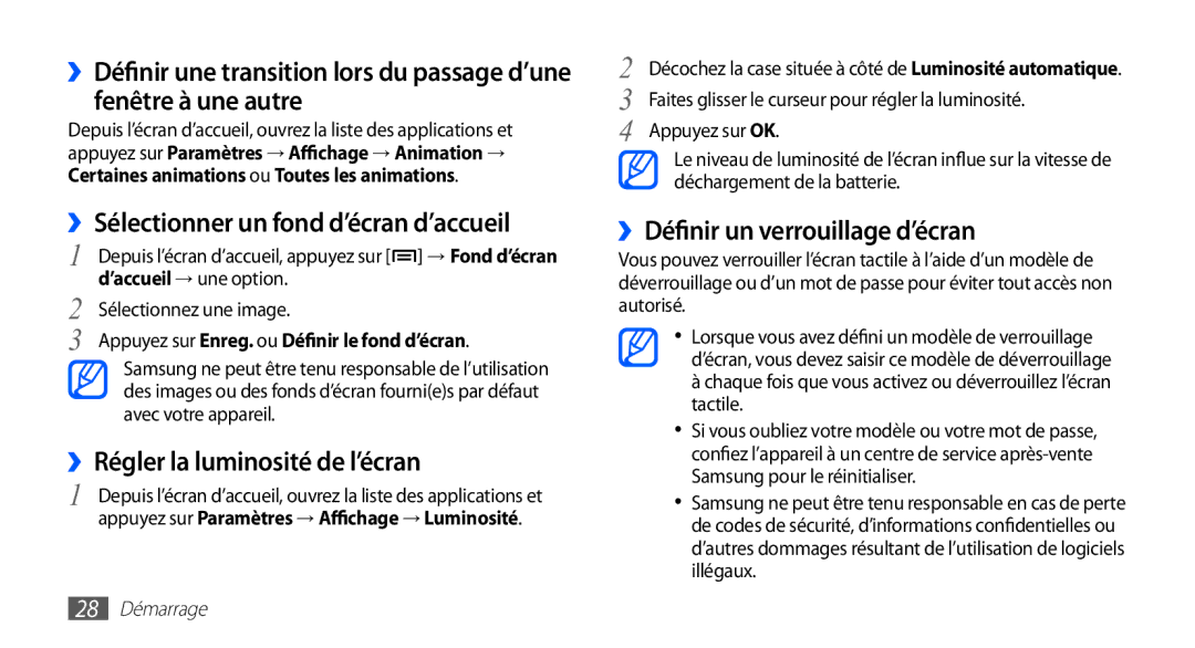 Samsung YP-G1CW/XEF, YP-G1EW/XEF ››Sélectionner un fond d’écran d’accueil, ››Régler la luminosité de l’écran, 28 Démarrage 