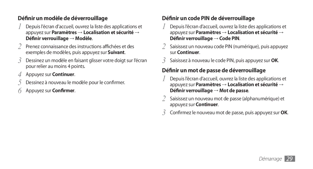 Samsung YP-G1EW/XEF manual Verrouillage → Modèle, Verrouillage → Code PIN, Sur Continuer, Verrouillage → Mot de passe 