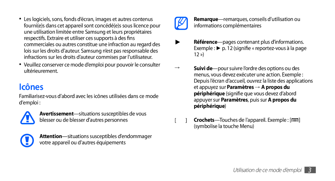 Samsung YP-G1EW/XEF, YP-G1CW/XEF manual Icônes, Symbolise la touche Menu 