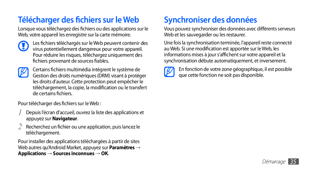 Samsung YP-G1EW/XEF, YP-G1CW/XEF manual Synchroniser des données, Télécharger des fichiers sur le Web 