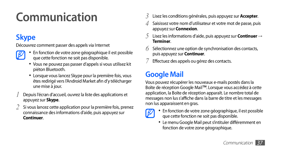 Samsung YP-G1EW/XEF, YP-G1CW/XEF manual Communication, Skype, Google Mail, Découvrez comment passer des appels via Internet 