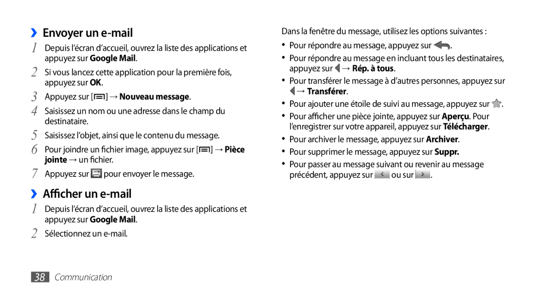 Samsung YP-G1CW/XEF manual ››Envoyer un e-mail, ››Afficher un e-mail, Appuyez sur pour envoyer le message, → Transférer 