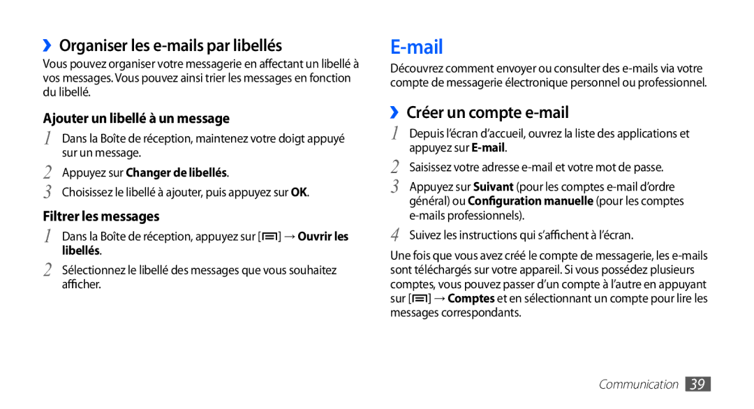 Samsung YP-G1EW/XEF Mail, ››Organiser les e-mails par libellés, ››Créer un compte e-mail, Appuyez sur Changer de libellés 