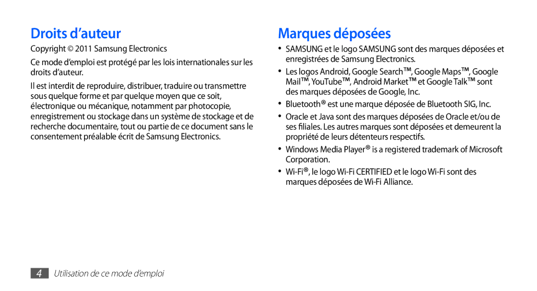 Samsung YP-G1CW/XEF, YP-G1EW/XEF manual Droits d’auteur, Marques déposées 