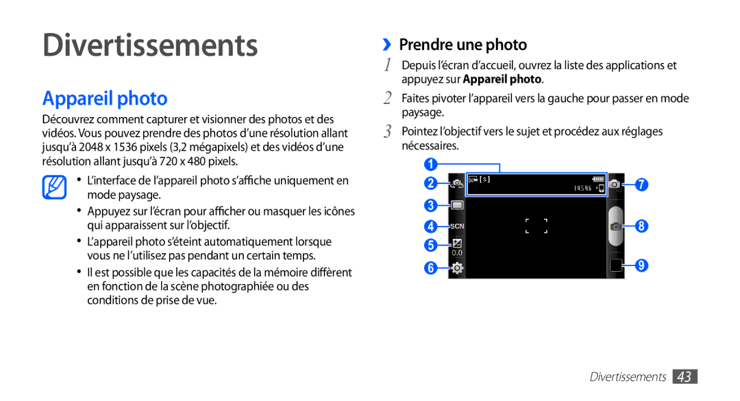 Samsung YP-G1EW/XEF, YP-G1CW/XEF manual Divertissements, Appareil photo, ››Prendre une photo 