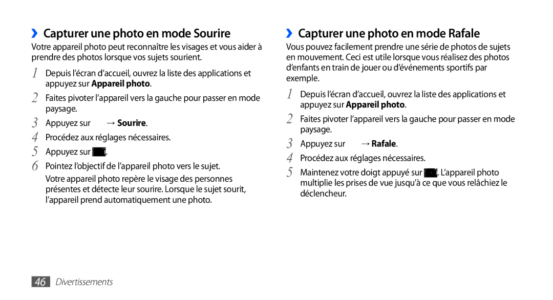 Samsung YP-G1CW/XEF manual ››Capturer une photo en mode Sourire, ››Capturer une photo en mode Rafale, Paysage, → Sourire 