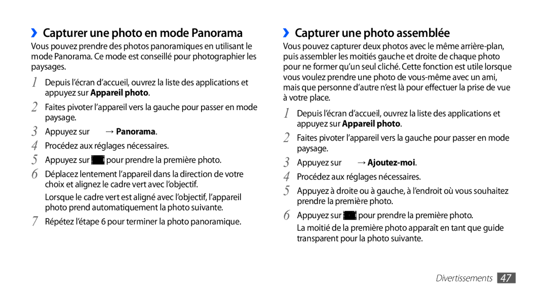 Samsung YP-G1EW/XEF, YP-G1CW/XEF manual ››Capturer une photo en mode Panorama, ››Capturer une photo assemblée 