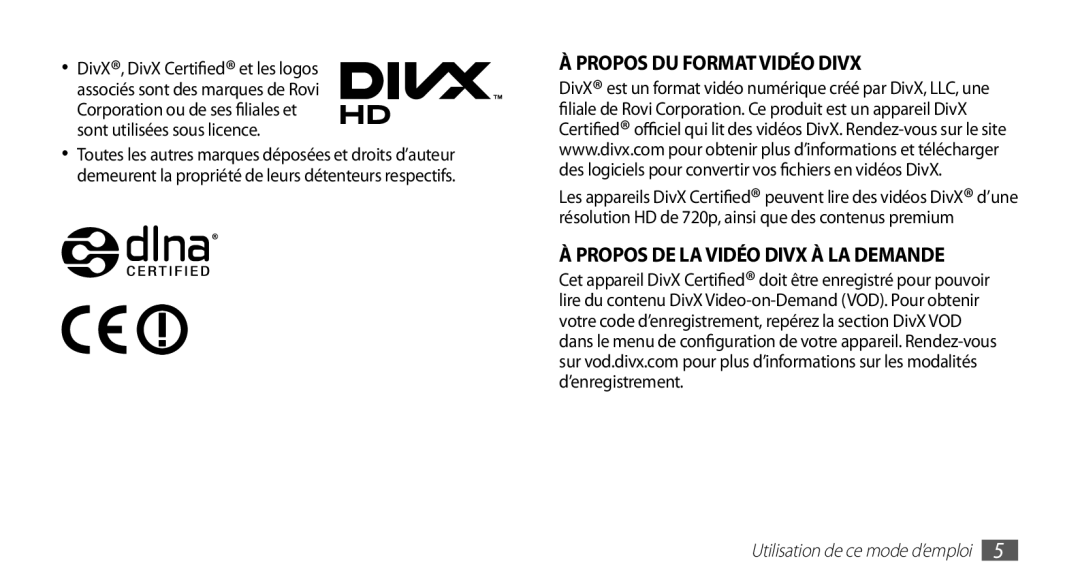 Samsung YP-G1EW/XEF, YP-G1CW/XEF manual Propos DE LA Vidéo Divx À LA Demande 