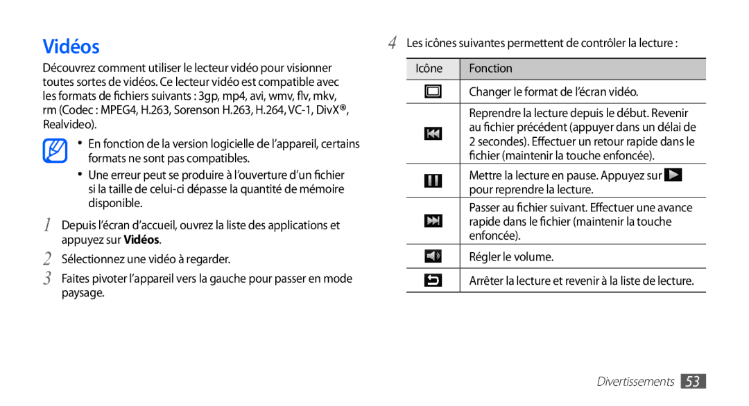 Samsung YP-G1EW/XEF, YP-G1CW/XEF manual Vidéos 