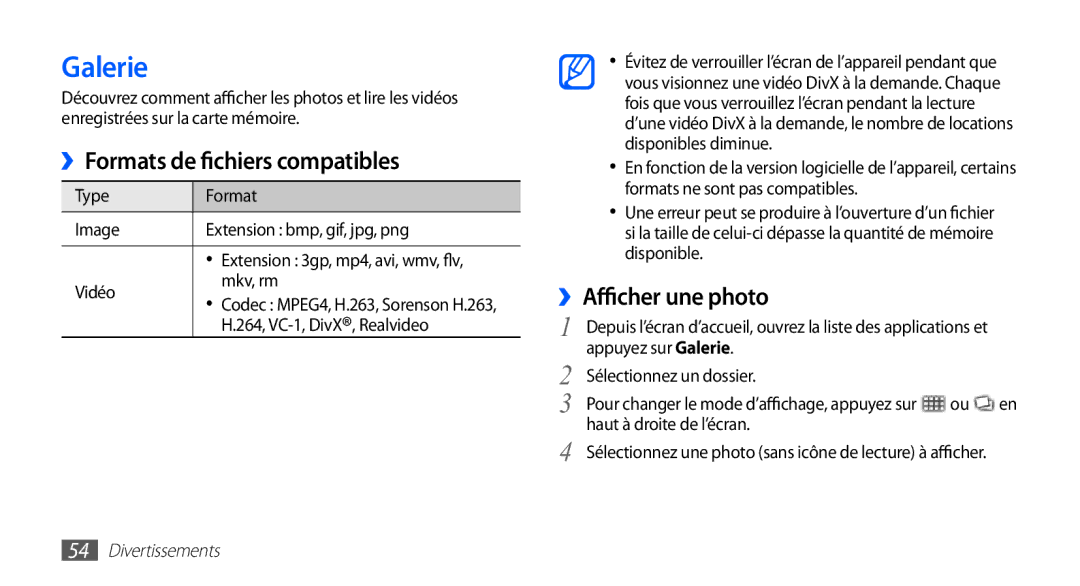 Samsung YP-G1CW/XEF, YP-G1EW/XEF manual Galerie, ››Formats de fichiers compatibles, ››Afficher une photo 