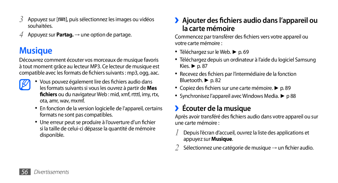 Samsung YP-G1CW/XEF, YP-G1EW/XEF manual Musique, ››Écouter de la musique 