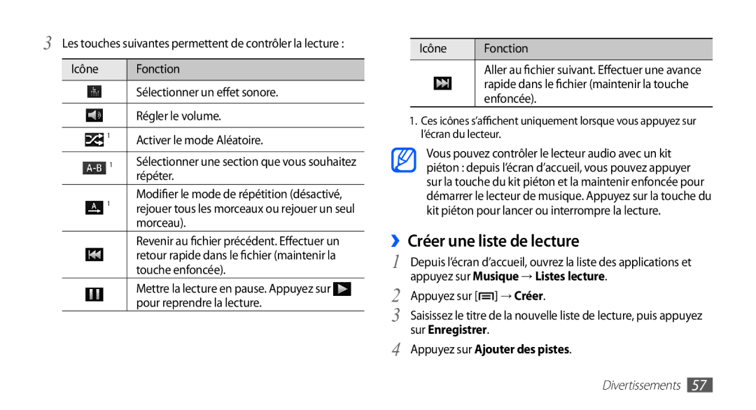 Samsung YP-G1EW/XEF, YP-G1CW/XEF manual ››Créer une liste de lecture, Appuyez sur Ajouter des pistes 