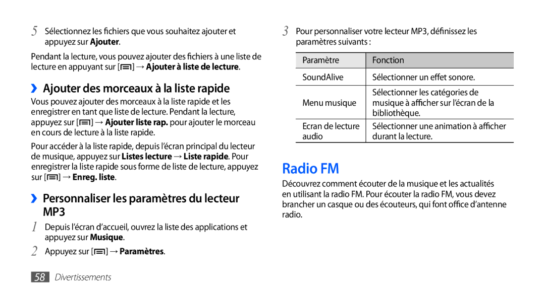 Samsung YP-G1CW/XEF manual Radio FM, ››Ajouter des morceaux à la liste rapide, ››Personnaliser les paramètres du lecteur 