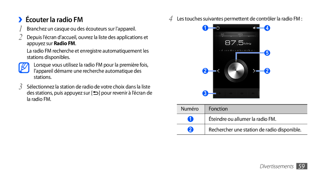 Samsung YP-G1EW/XEF, YP-G1CW/XEF manual ››Écouter la radio FM, Appuyez sur Radio FM, Stations disponibles, La radio FM 