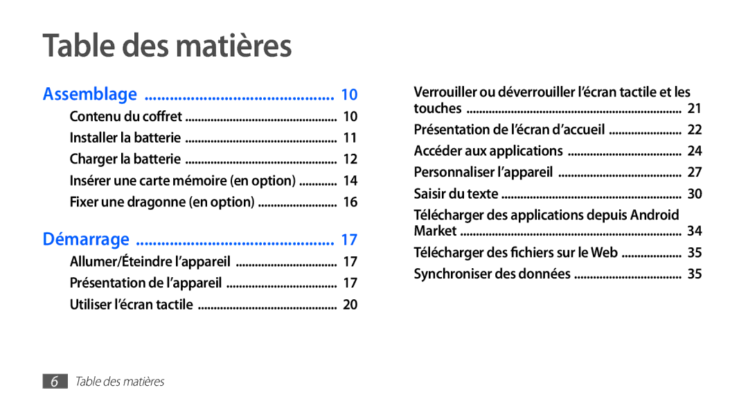 Samsung YP-G1CW/XEF, YP-G1EW/XEF manual Table des matières 