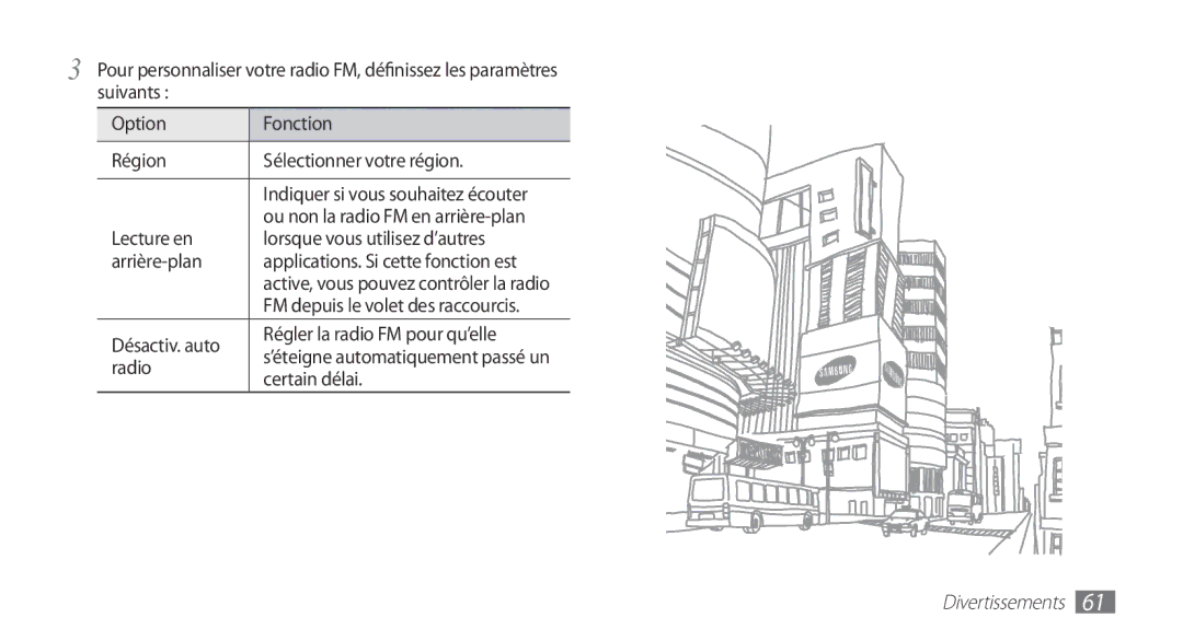 Samsung YP-G1EW/XEF Lecture en Lorsque vous utilisez d’autres Arrière-plan, Désactiv. auto Régler la radio FM pour qu’elle 