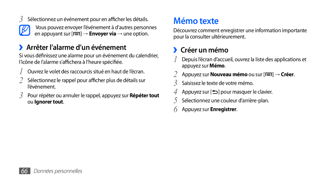 Samsung YP-G1CW/XEF, YP-G1EW/XEF manual Mémo texte, ››Arrêter l’alarme d’un événement, ››Créer un mémo 