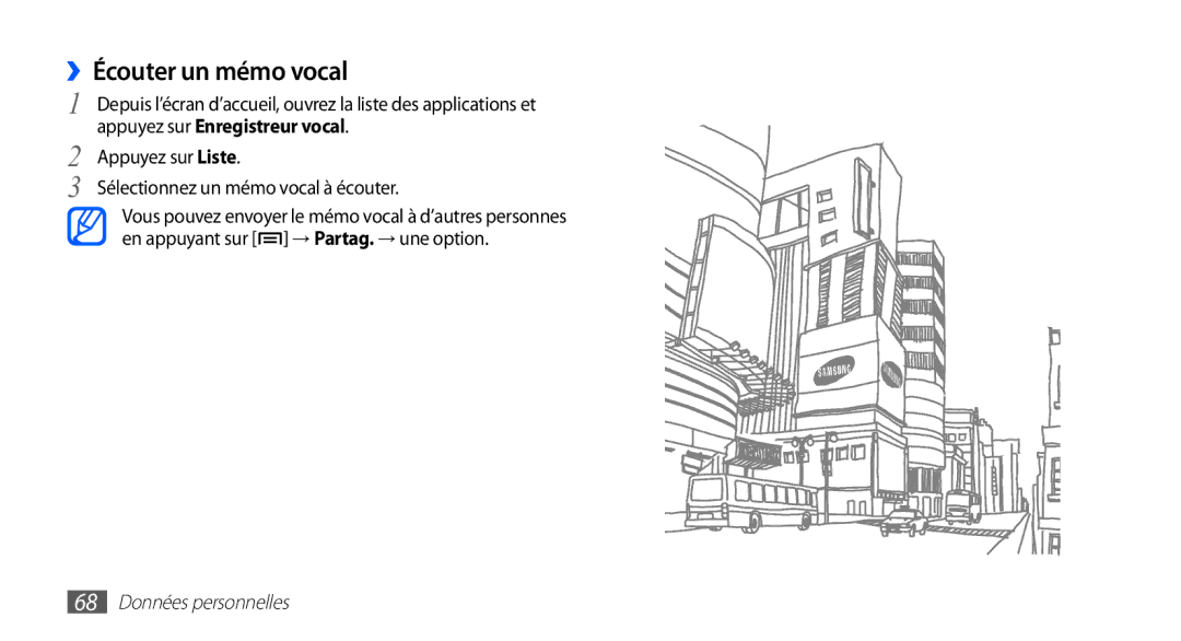 Samsung YP-G1CW/XEF, YP-G1EW/XEF manual ››Écouter un mémo vocal, Appuyez sur Liste Sélectionnez un mémo vocal à écouter 